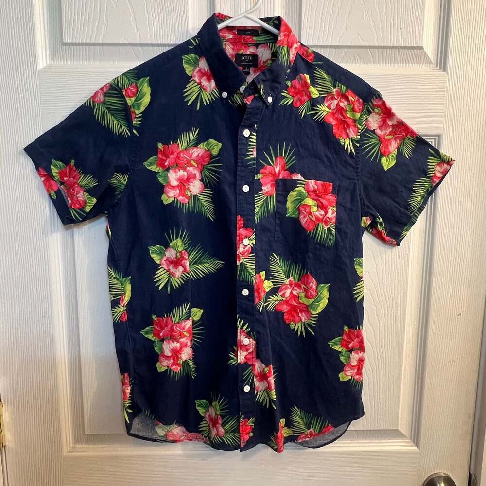 J.Crew Slim Fit Cotton/Linen Floral Hibiscus Short Sleeve Button Down Shirt Sz M